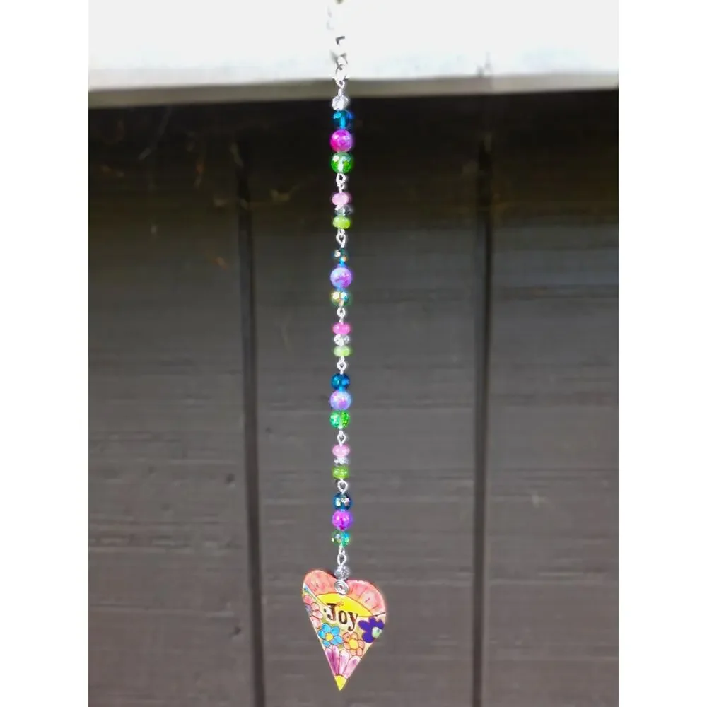 Artisan Ceramic Heart Beaded Suncatcher JOY Vibrant Crystals Diffuser Floral NEW